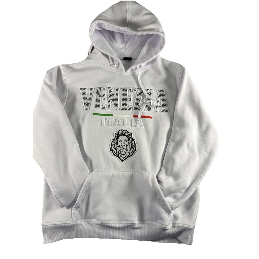 Italia Venezia Lion Hoodie White Embossed Puff Print Streetwear Pullover XL